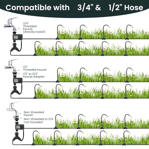 100FT Smart Drip Irrigation System with Water Timer – Automatic Garden Watering System with 360° Bendable Hose & 24 Adjustable Nozzles for Garden, Yard, Lawn,Compatible with 3/4" & 1/2" Hose by XHIKOWAT - Used condition - Image 2