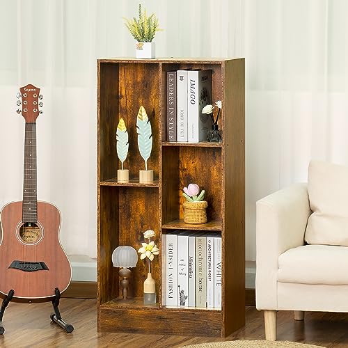LEYAOYAO 5 Cube Mid-Century Modern Brown Wood Bookcase, 3 Tier Storage Organizer Shelf, Rustic Display Cabinet for Bedroom, Living Room, Office