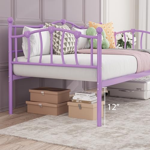 Image of GarveeHome Twin Size Daybed Frame, Sofa Bed with Stylish Headboard, Heavy Duty Steel Slat Support, Space Saving for Living Room /Bedroom /Guest Room, Purple