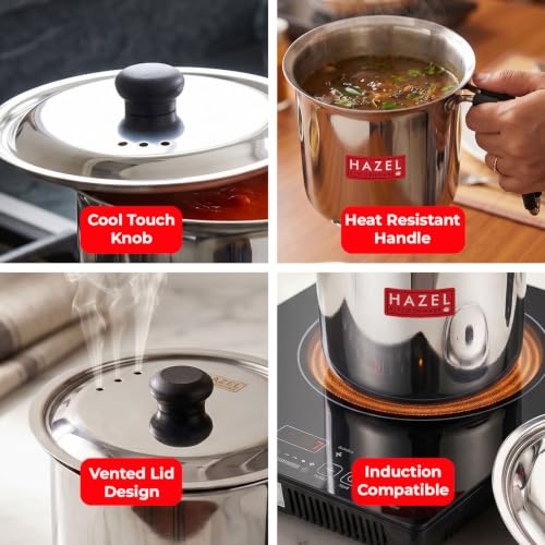 Image of HAZEL Steel Milk Pot with Lid |Stainless Steel Milk Boiler Container | Milk Boiling Vessel Gunj for Kitchen (Tope with Lid & Handle, 1700 ML)