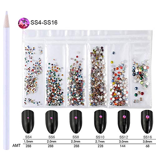 WOKOTO Nail Gems And Rhinestones Kit For Nails Design Crystals With Picker Pencil Mix-Size SS4-SS16 Flat Back Mix-Color 3d Nail Jewelry And Decorations