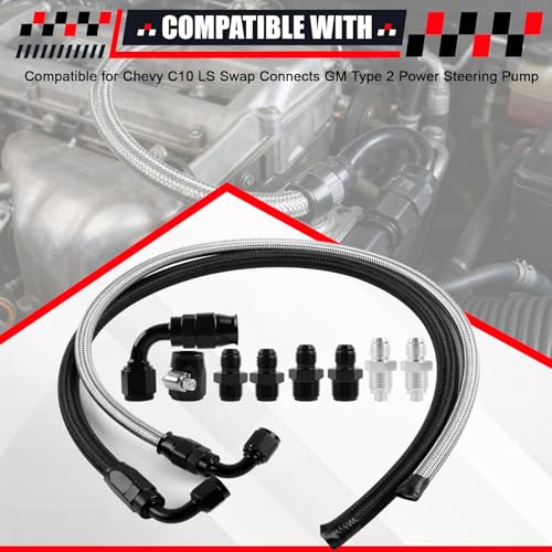 Image of Universal 25Inch AN6 Power Steering Hose Kit Compatible for Chevy C10 LS Swap Connects GM Type 2 Power Steering Pump | Connects GM Type II Power Steering Pump 1950-2000 Power Steering Pump Hose Kit
