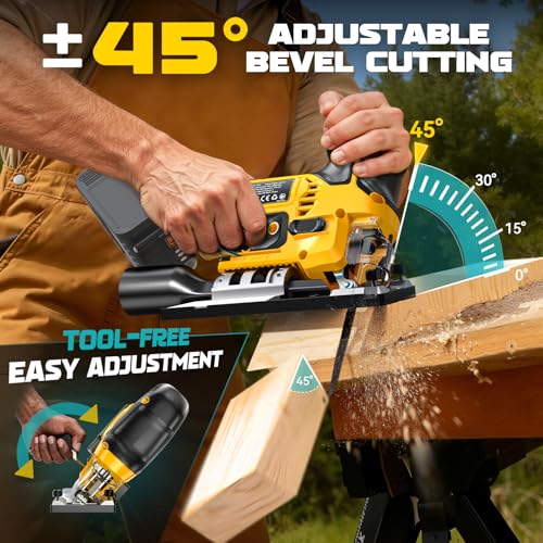 Image of Ecarke Cordless Jig Saw Compatible With Dewalt 20V, Brushless Motor 3800RPM, 7 Speeds Dial Control, Free-Tool ±45 Bevel Cuts, 4 Orbital Action, Dust Blows and 6 Blades For Cutting, Tool Only