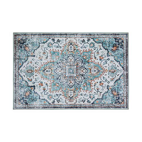 Morebes Ultra-Thin Boho Blue Bathroom Rug, Small 2X3 Throw Rugs Washable Kitchen Rug Persian Floral Rug, Distressed Non-Slip Area Rug Low Pile Indoor Door Mats For Entryway Bedroom #TOP6