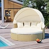 All-Weather Patio Round Outdoor Sectional Sofa Set with Retractable Canopy, Rattan Daybed Two-Tone Weave Sunbed with Separate Seating and Removable Cushion for Garden Poolside Balcony Beach (Beige)