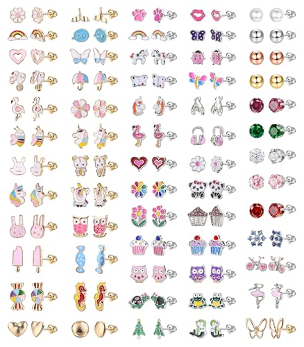 Hypoallergenic Stud Earrings for Girls Women - Cute Stainless Surgical Steel Earring Sets Sensitive Ears Small Colorful Animal Jewelry for Toddler Kids Teens 63 Pairs Age: over 4 years old