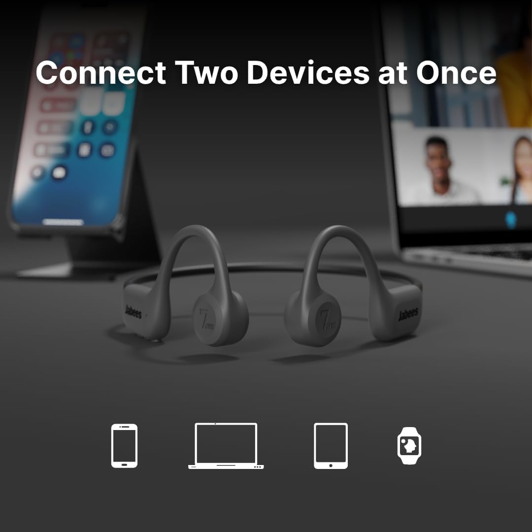 Jabees 7Seven headphones connected to phone and laptop