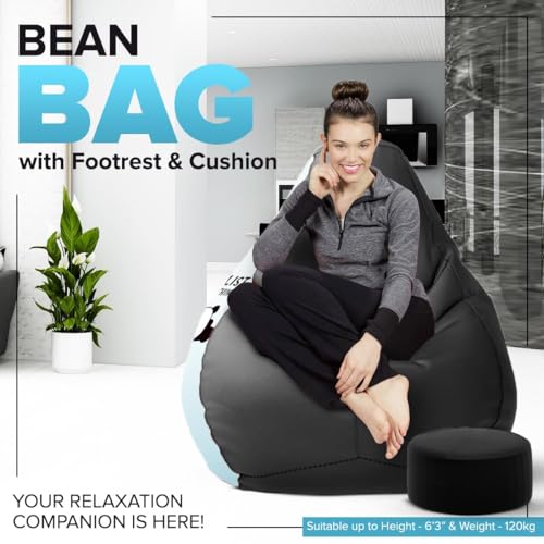 Image of Amazon Brand - Solimo 4XL Premium Faux Leather Bean Bag Combo with Footrest & Cushion, Filled with Beans | Capacity: Upto 6 Ft 5 in Height, 125 KG Weight | to Do List | Black