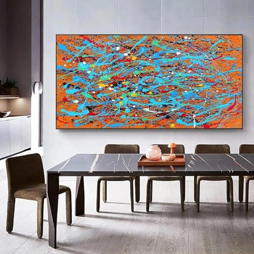 Tableau abstrait lignes colorées pour habiller un grand mur blanc de salon avec cadre noir chic