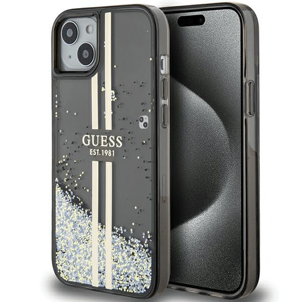 Guess GUHCP15MLFCSEGK Coque pour iPhone 15 Plus / 14 Plus 6,7 Pouces Noir Coque Rigide Liquide Paillettes Or Rayures