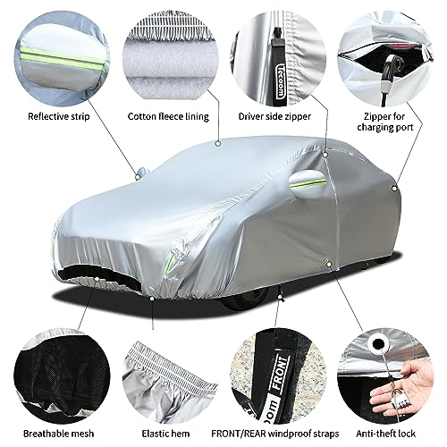 Image of TECOOM Car Cover Fit for Tesla Model 3 - Waterproof All Weather, 2017-2023 Model 3 Cover with Fleece Lining, Ventilated Mesh, Charge Port Opening, Zipper Door, Trunk Opening