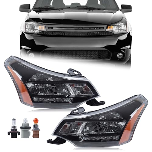 KAMDKI A Pair Headlight Fit for 2008-2011 Ford Focus S/SE/SES/SEL Black Crystal Headlamp Assembly Left Driver&Right Passenger With Bulbs FO2503269 FO2502269