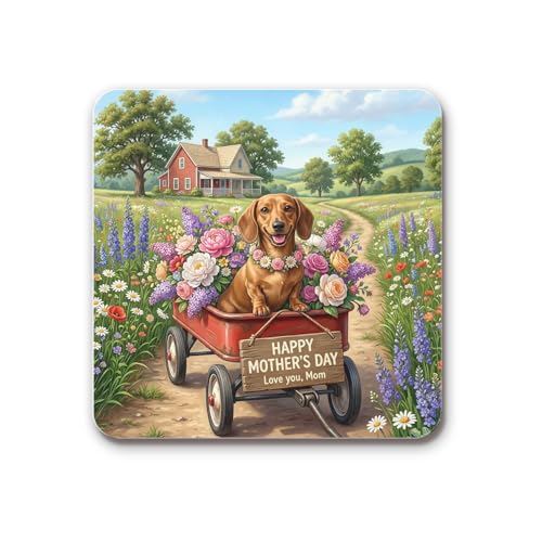 Happy Mother's Day Dachshund in Flower Filled Red Wagon Acrylic Magnet Wiener Dog Lover Gifts Idea Fridge Laptop Lockers Photo Decor 23003