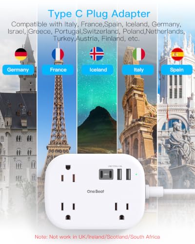 One Beat European Travel Plug Adapter with 3Ft Extension Cord, 7 in 1 US to Europe Power Strip, 3 Outlets 4 USB Ports(2 USB C), Type C Plug Travel Essentials for Europe Spain Italy France Germany — view 3