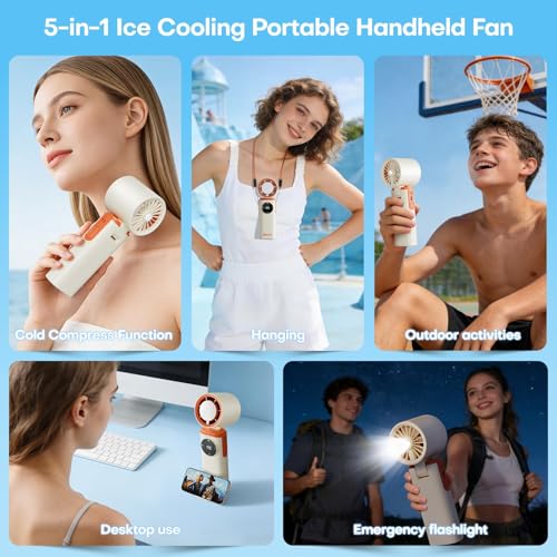 Image of 6000mAh Portable Handheld Fan with Ice Cooling, 199 Levels Stepless Speed, 20H Long Battery Life, 20000RPM Turbo Fan Rechargeable Personal Mini Fan for Travel, Outdoor, Makeup (White)