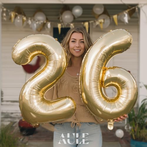 Image of AULE 40 Inch Large 26 Balloon Numbers Light Gold, Big Foil Number Balloons, Giant Helium 62 Happy Birthday Party Decorations for Man and Women, Huge Mylar Anniversary Party Supplies