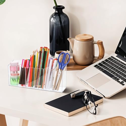 Image of 3 Pcs Clear Pen Holder Tea Bag Makeup Brush Holder, 6 Compartments Organizer with Removable Dividers for Desk Storage Office Accessory Bathroom Kitchen Desktop Pencil Cup Stationery Organization