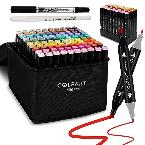 colpart 100 Colors Alcohol Markers Dual Tip Art Markers for Kids Marker Pens with Pen Holder and Case for Adult Coloring Painting Supplies Perfect for Coloring, Sketching and Drawing Christmas Gift