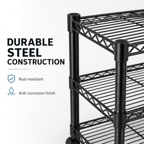Image of Simple Deluxe 3-Tier Heavy Duty Adjustable Storage Shelf with Wheels, 23.23 inchW x 13.39 inchD x 30.31 inchH, Mobile or Stationary Metal Shelving Unit, Easy Assembly for Kitchen, Pantry, Laundry Room, Black