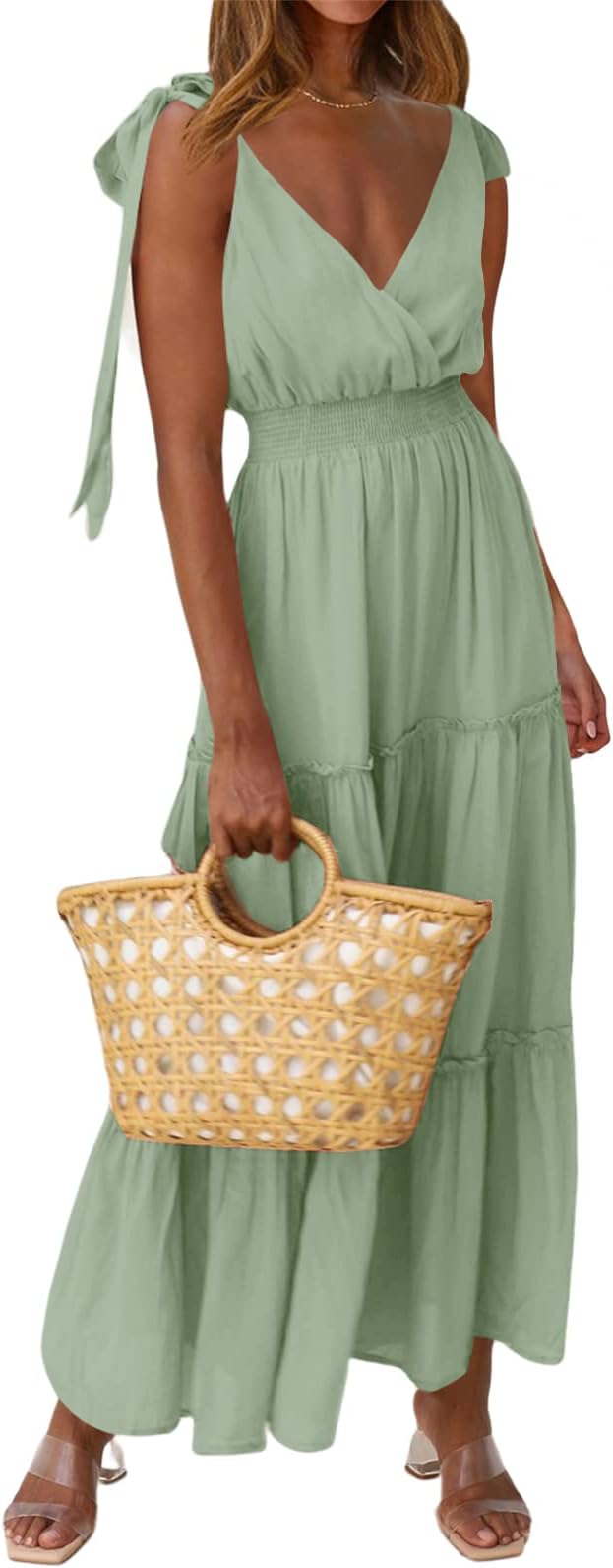 PRETTYGARDEN Women's Cross Neck Summer Sleeveless Tiered Maxi Dress Beach Tie Strap Smocked Long Dresses Pleated Sundress