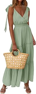 Women's Cross Neck Summer Sleeveless Tiered Maxi Dress Beach Tie Strap Smocked Long Dresses Pleated Sundress - Buy now