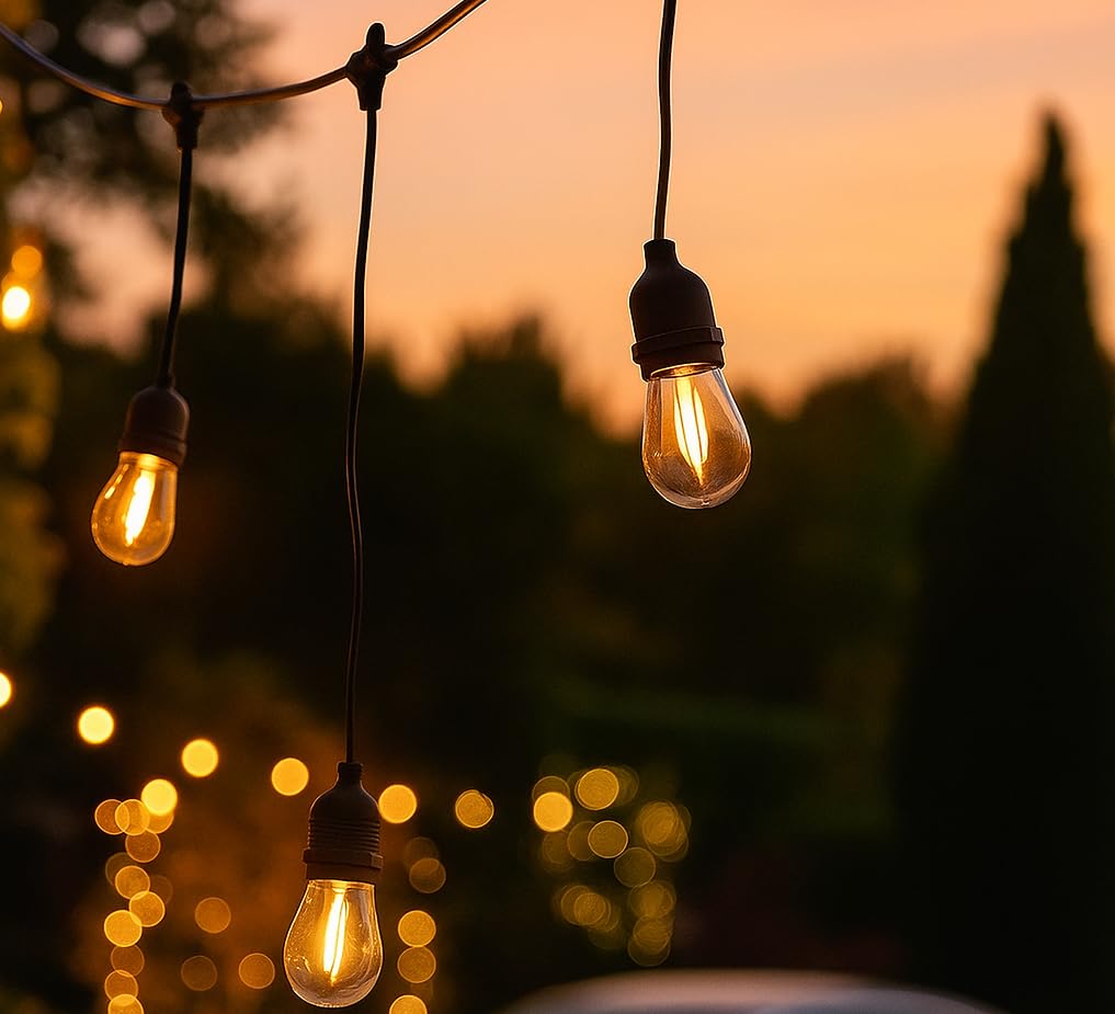Außenlichterkette, 14m Gesamtlänge, für Garten/Terrasse/Balkon, 20 E27 Fassungen, Hängende Lichterkette, Schwarz, IP65 Wasserdicht, LED-kompatibel, 220-240V (2W (S14))
