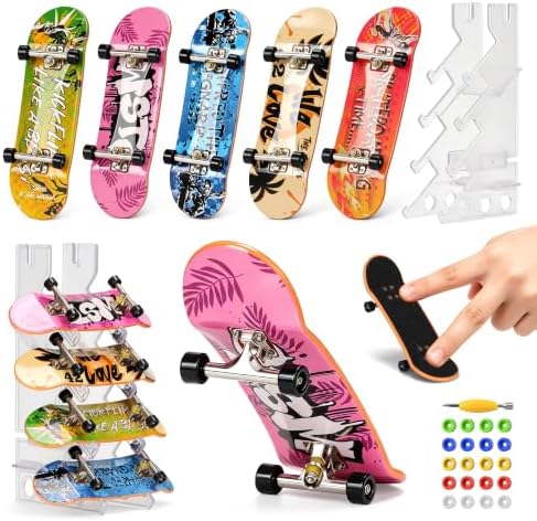 Tlater Finger Skateboard Set für Kinder – 5er Pack Mini Fingerboards | 5 Fingerboards mit Skateboard Ständer 20 Fingerboard Rollen Skate Werkzeug Geschenk für Jungen Mädchen und al