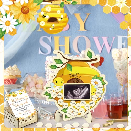 Image of Wenqik 63 Pcs Bee Baby Shower Guest Book Alternatives Set Baby Shower Decorations with Photo Frame Sonogram Frame Keepsake 60 Wood Slices Guest Book for Birthday