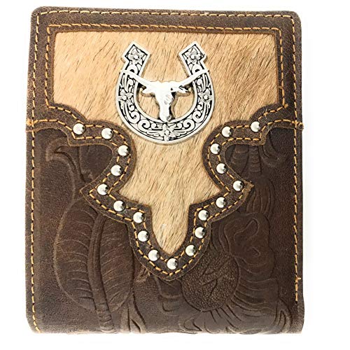 Western Genuine Tool Leather Cowhide Cow Fur Longhorn Mens Bifold Short Wallet in 2 colors (Brown)