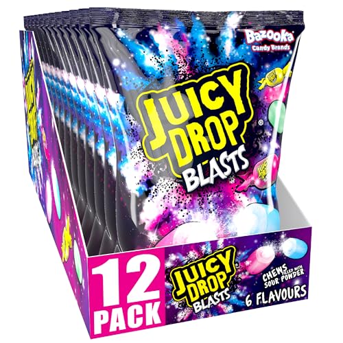 Juicy Drop Blasts (12 x 140g Bulk Sweets) Chewy Sweet and Sour Kids Sweets for Party Bags 6 Tasty Flavours Individually Wrapped - Halal Candy