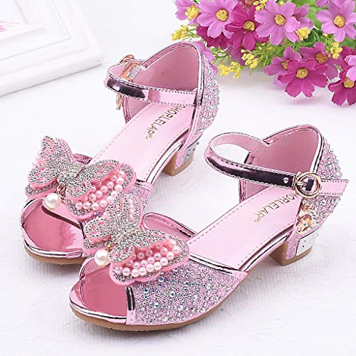 Toddler Kids Girls Pearl Butterfly-Knot Crystal Single Princess Shoes Sandals Light Up Shoes for Girls (Pink, 5-5.5 Years)2