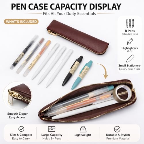 Image of Faux Leather Pencil Case Cute Thin Slim Pouch Simple and Stylish Lightweight (Burgundy)