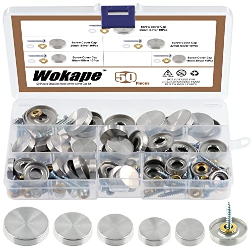 Wokape Lot de 50 cache-vis en acier inoxydable 16/18/20/22/25 mm - Capuchons décoratifs avec vis de fixation pour armoire, matériel publicitaire, salle de...