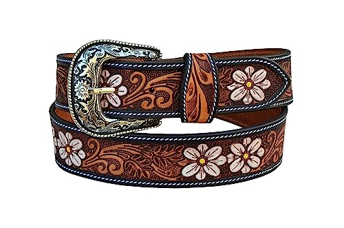 Western Belt Genuine Leather Cowgirl Belt Floral Tooled Leather Belt With Removeable Buckle 30AB102