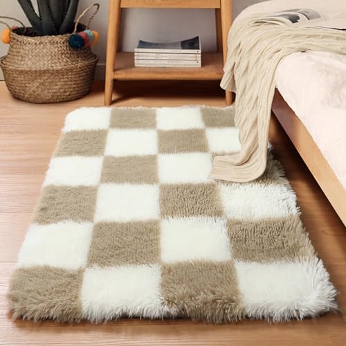 Image of KICMOR Small Beige and Cream White Area Rugs for Bedroom, 2x3 Fluffy Fuzzy Plush Shaggy Checkered Rug, Soft Furry Bedside Rug Small Throw Carpet for Living Room Kids Girls Boys Nursery Home Decor