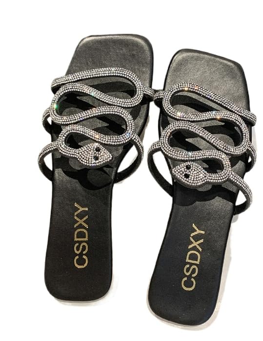 Large size women's shoes summer fashion rhinestone snake-shaped flat-bottomed slippers personalized wear flat-heeled one-word cool slippers