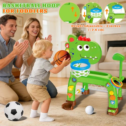 4-in-1 Basketballkorb und Fußballtor Spielzeug für Kleinkinder, Babyspielzeug mit Golfspiel und Ringwurfspiel, Dinosaurier-Spielzeug für 1 2 3 jährige Jungen und Mädchen mit Licht, Sound und Musik