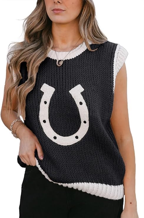 Apvirdy Women Horseshoe Color Contrast Trim Sweater Vest for Women Sleeveless Crewneck Knit Elegance Sweater Tops
