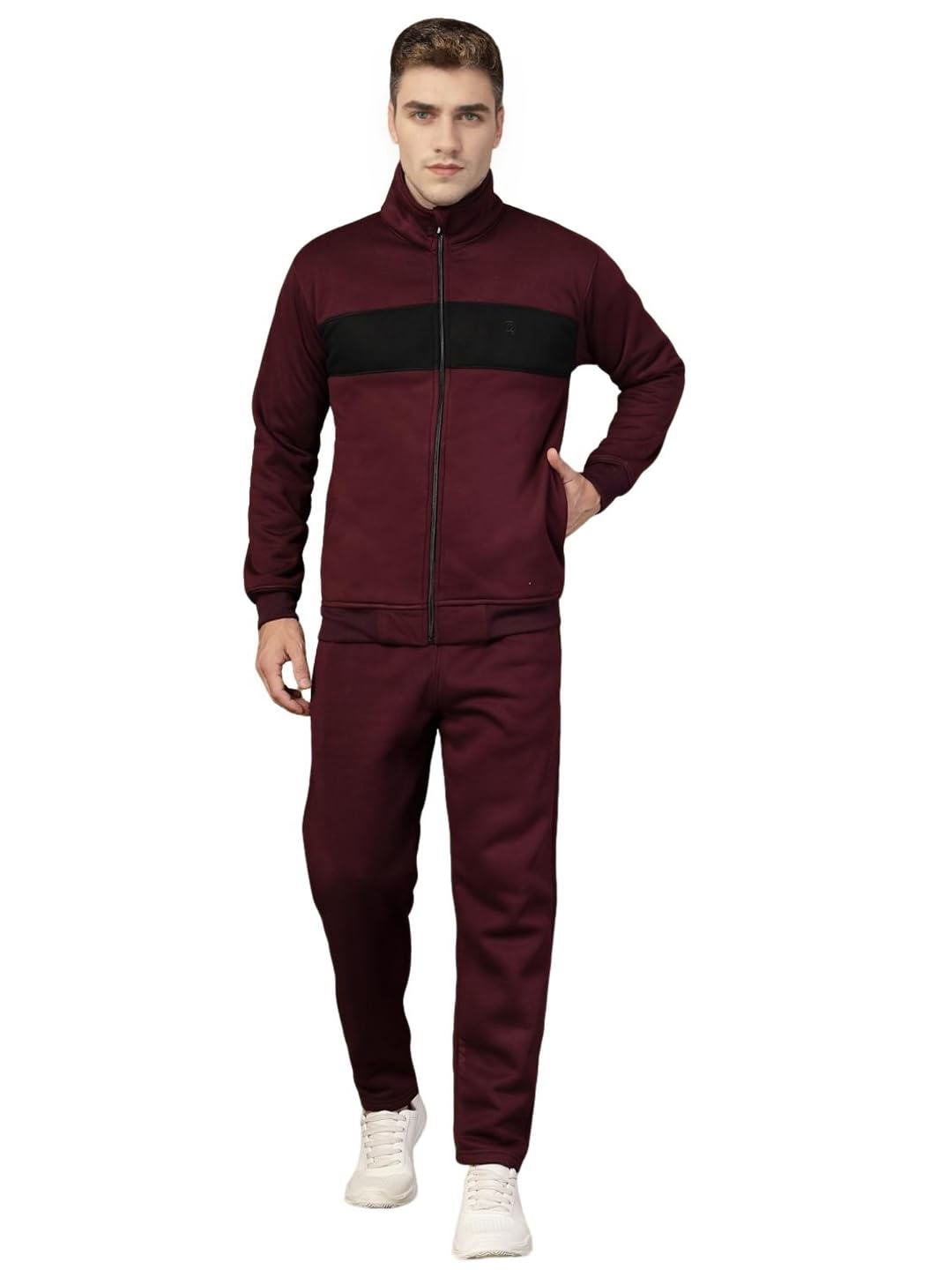 chkokko Mens High Neck Winter Tracksuit Full Zip Jacket with Elastic Waist Lower Warm and Soft Activewear Set for Gym Running and Casual Use Wine Black XL-picture-17