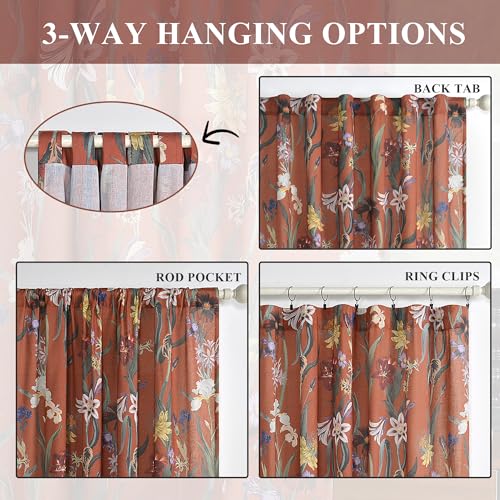 Image of Schweek Boho Curtains 84 Inches Length 2 Panels for Living Room Terracotta | Linen Farmhouse Curtains,Printed Floral Vintage Botanical Burnt Orange Semi Sheer Drapes for Dining Room, Bedroom 52 inchx84 inch