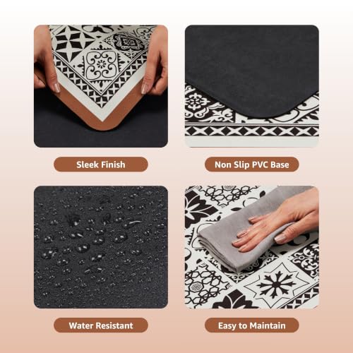 Image of Amazon Brand - Solimo Silicone Kitchen & Bath Mat (Pack of 2) | Black and white with natural wood colored border| Anti-Fatigue Comfort Foam | Waterproof & Anti-Slip | 60 x 40 cm & 40 x 120 cm| Quick-Dry & Easy Clean