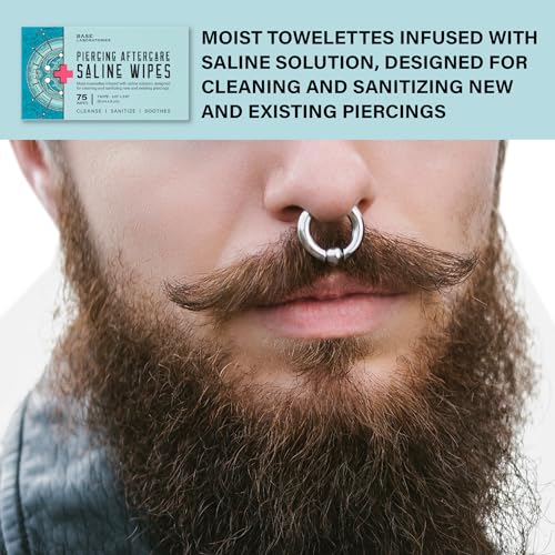BASE LABORATORIES Piercing Aftercare Wipes | Cleanses & Sanitizes | Piercing Cleaner Wipes for Nose, Ear, Lips | Saline Solution for Piercings | Keloid Bump Removal & Piercing Bump Treatment -75 Wipes