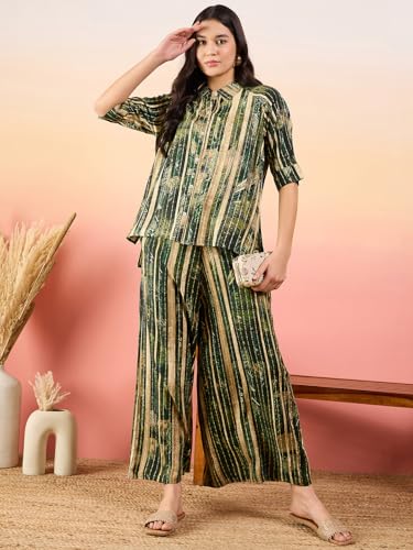 Image of Modeve Women Shirt Palazzo Foil Print Co-Ord Set