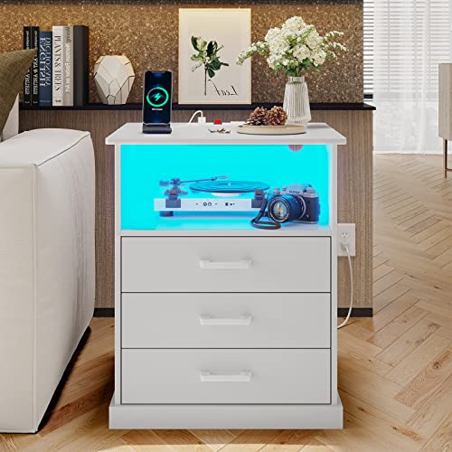 Hasuit Nightstand with Charging Station and LED Lights, Large Bedside Table with 3 Storage Drawer, Black Night Stand for Bedroom, Wider Tabletop 19.0''(L) x 15.0''(W)
