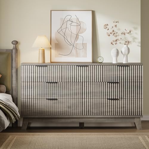 Image of BORNOON 57 inch Long Dresser for Bedroom, 7-Drawer Fluted Chest, Wide Wood Storage Dresser with Metal Slides and Handles, Stable Base, Modern Clothes Organizer for Primary Suite, Guest Room, Nursery