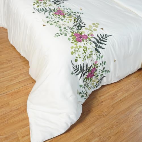 Image of Embroidered Premium Bedsheet Set | 300 TC 100% Cotton 1 Queen Bedsheet Set | Extra Smoothness with Sateen Weave| Autumn Ivory Bedsheet Set (1 Flat Sheet + 2 Pillow Cases)