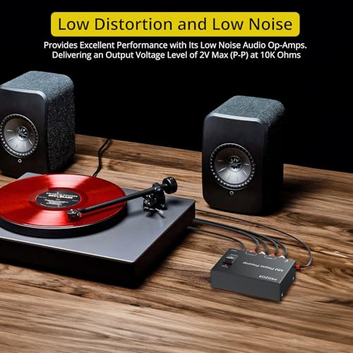 PROZOR MM Phono Turntable preamp - Mini Stereo Audio Low Noise Phono preamplifier with Power Switch, RCA Input, RCA Output, DC 12V Amp Certified Power Adapter Gold-Plated Connectors, Black