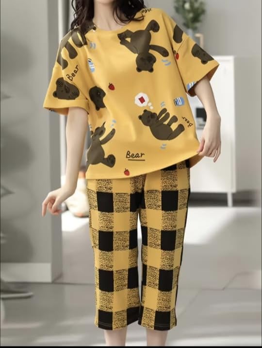 Image of Women Capri Pajama Set Korean Style Nightsuit Soft Breathable Top and Mid Length Pants Lightweight Loose Fit Nightwear Loungewear