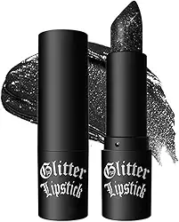 Batom preto fosco com glitter, batom com brilho de diamante, batom de alto pigmento, brilho labial brilhante à prova d'água de longa duração, maquiagem gótica para festa de cosplay de Halloween