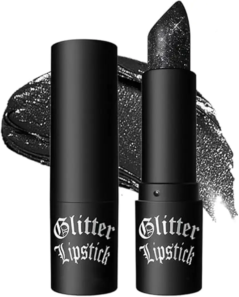 Batom preto fosco com glitter, batom com brilho de diamante, batom de alto pigmento, brilho labial brilhante à prova d'água de longa duração, maquiagem gótica para festa de cosplay de Halloween